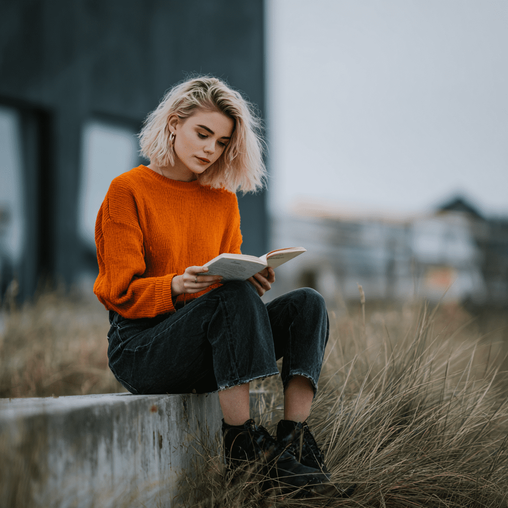 Woman reading in a grassy area. is black flattering
